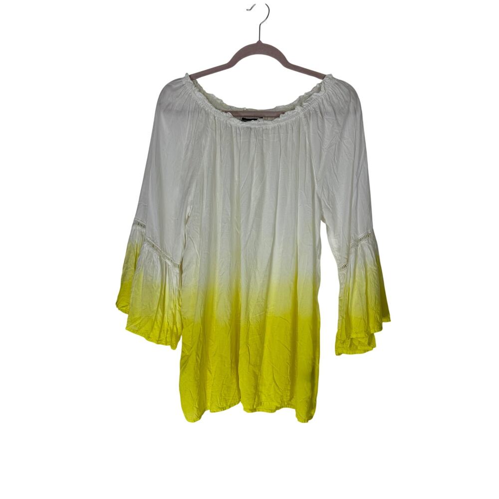 Context Lord & Taylor White‎ Yellow Elastic Neckline Peasant Blouse Top Size L